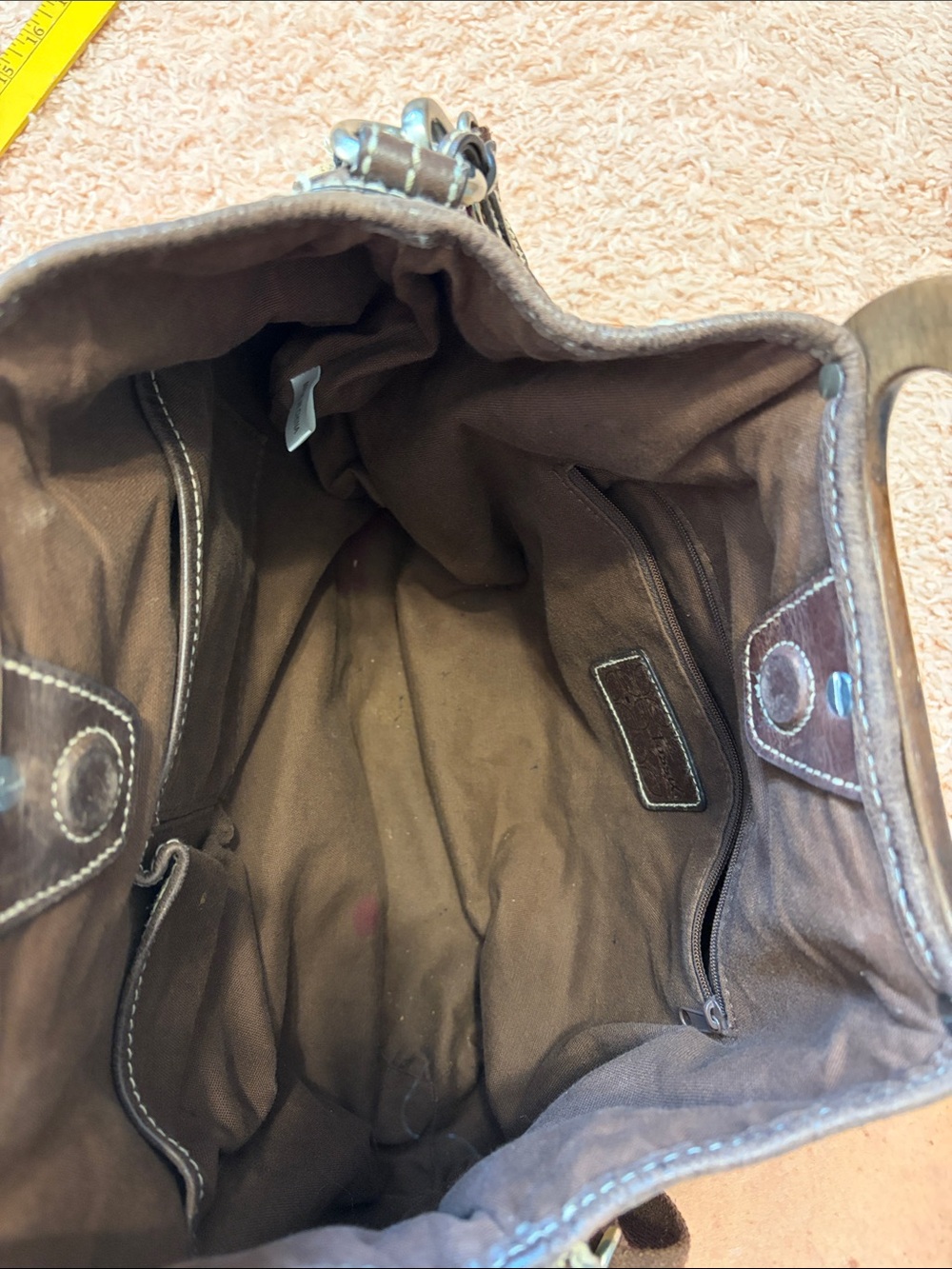 Fossil Kristy II patchwork hobo bag leather, suede, canvas wood handle crossbod - Picture 10 of 17